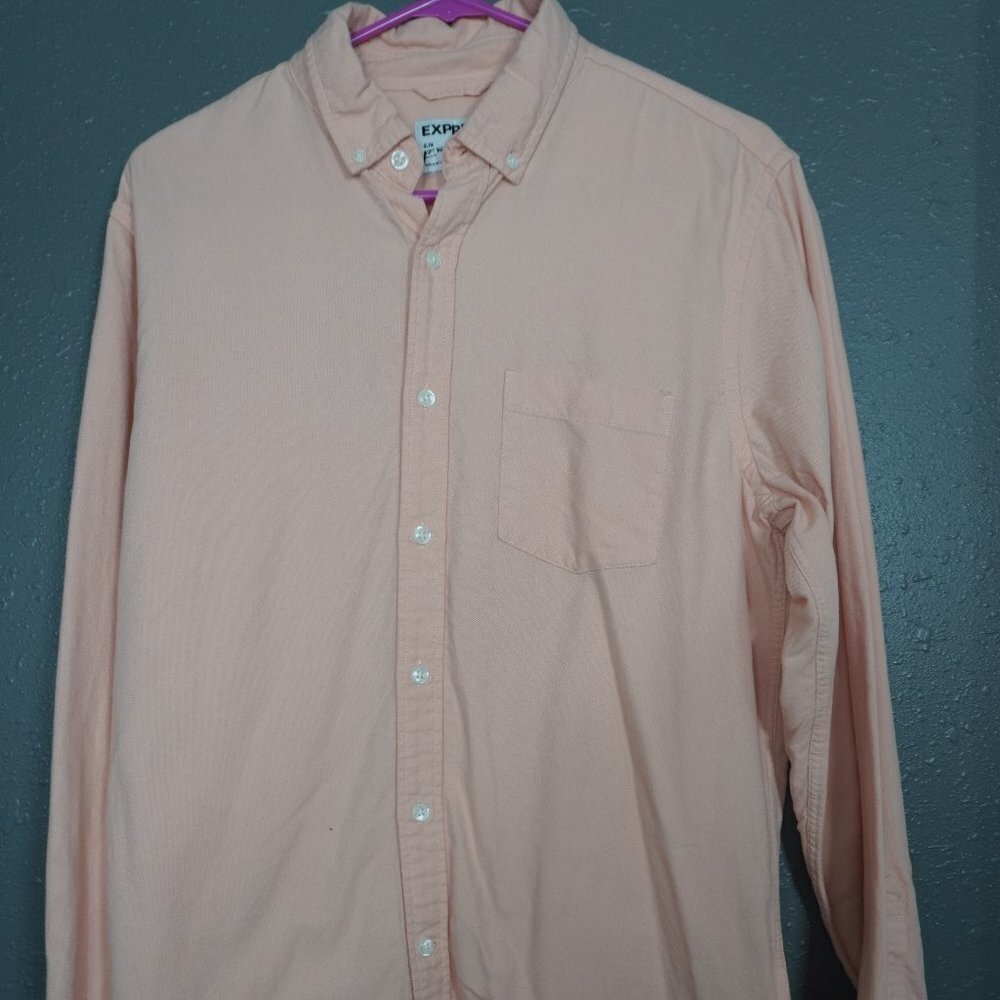 Express Mens Pink Light Wash Slim Fit Button Down Long Sleeve Shirt Size Medium